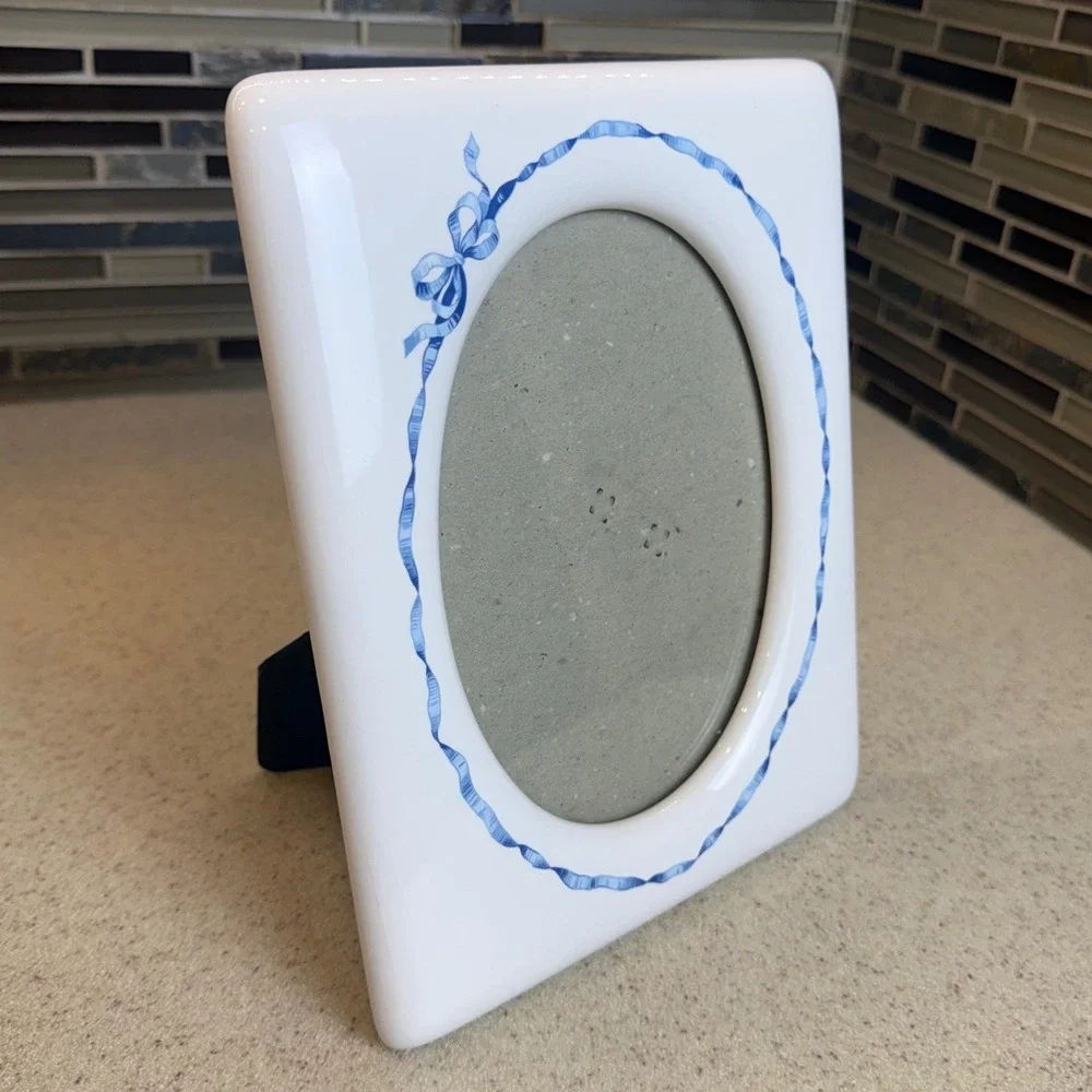VTG Hallmark Ceramic Picture Frame White w/ Blue Ribbon Oval 5x7 Nursery Decor